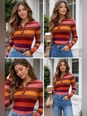 ZARA Multicolor Striped Metallic Knit Top – Ribbed Polo Sweater Size M